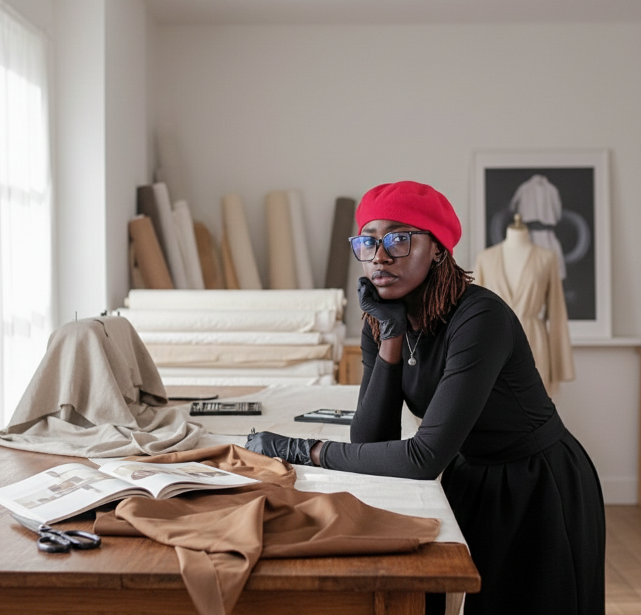 Diama Ndati Thiam in her studio, wearing a red beret, working with textiles
