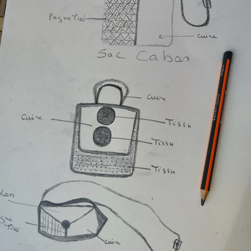 Bag design sketches with pencil annotations